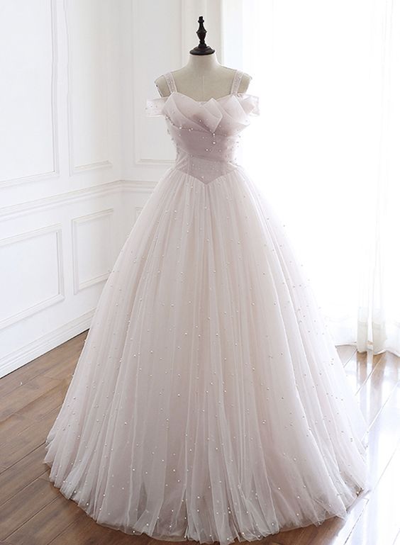 Light pink tulle long prom gown evening dress cg7776