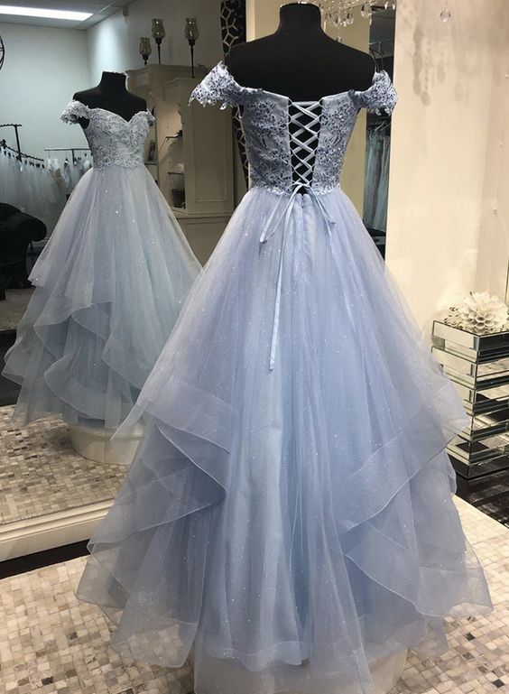 Blue tulle lace long prom dress, evening dress cg7787