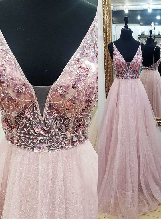 Pink v neck tulle beads prom dress evening dress cg7794