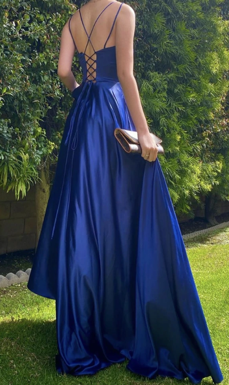 Blue satin long prom dress simple evening dress cg7801