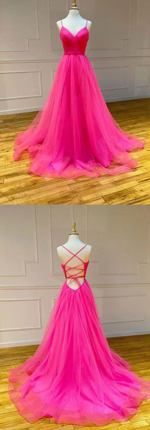 Simple pink tulle long prom dress pink tulle formal dress cg7816