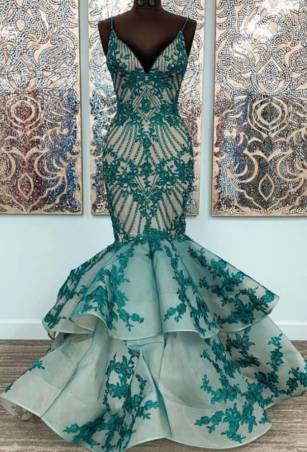 GREEN LACE TULLE MERMAID LONG PROM DRESS LACE FORMAL DRESS cg7828
