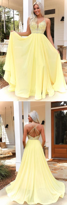 YELLOW V NECK CHIFFON BEADS LONG PROM DRESS YELLOW FORMAL DRESS cg7831
