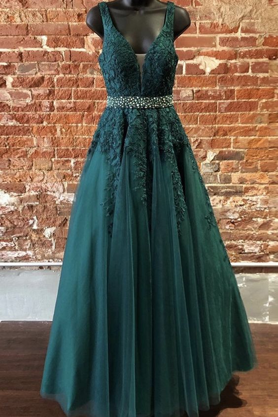Deep Green Tulle Lace V Neck Long Prom Dress Formal Dress cg7848