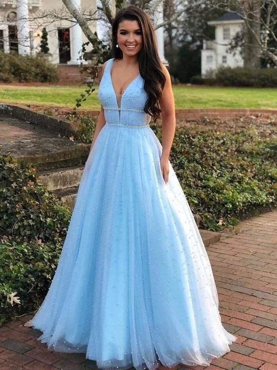 Elegant V neck Light Blue Prom Dresses, Tulle Prom Dress, Long Evening Dress cg7849