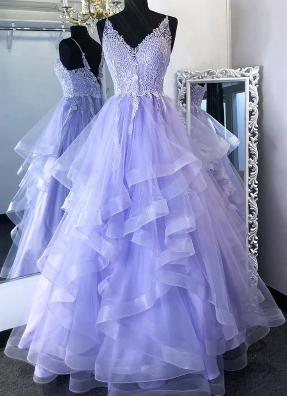 Purpler v neck tulle lace beads long prom dress tulle formal dress cg7859