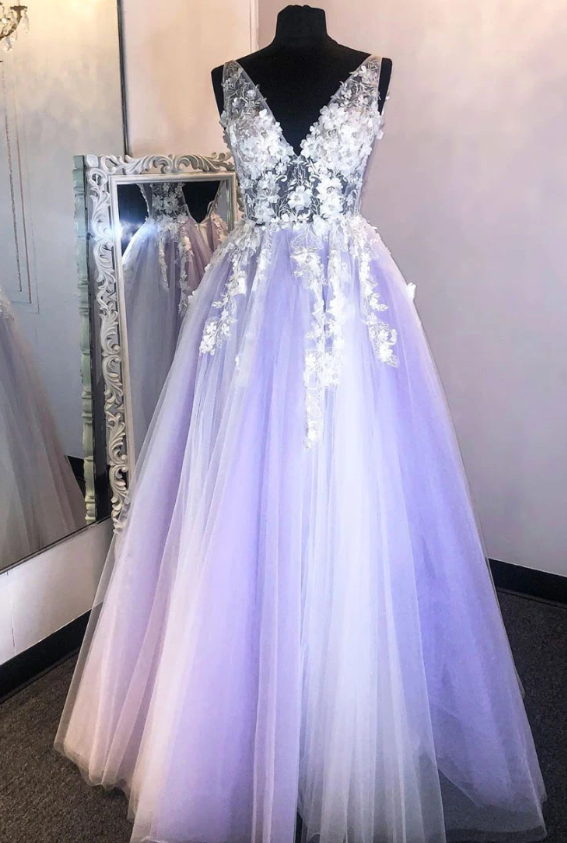 Purple v neck lace applique long prom dress purple formal dress cg7860