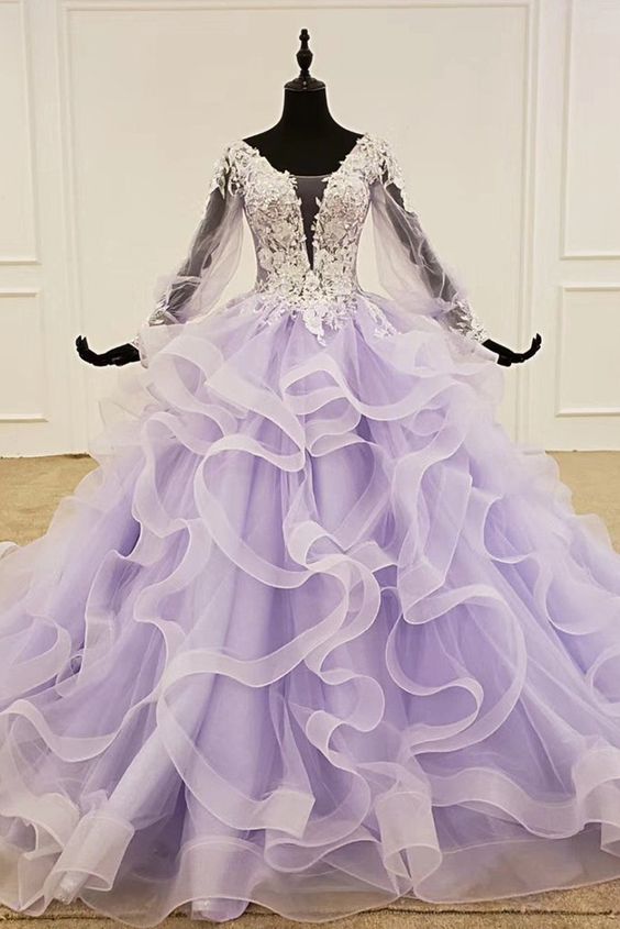 2020 Lavender Prom Dress Long Sleeves Tulle Ruffles Beaded Lace Women Evening Gown cg7866