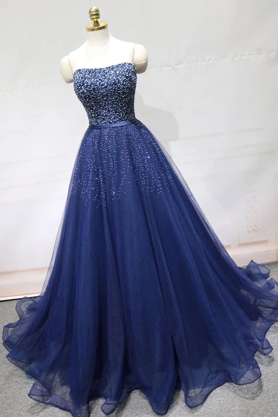Stunning Sliver Beading Dark Blue Tulle A Line Formal Prom Dress, Evening Dress cg7876