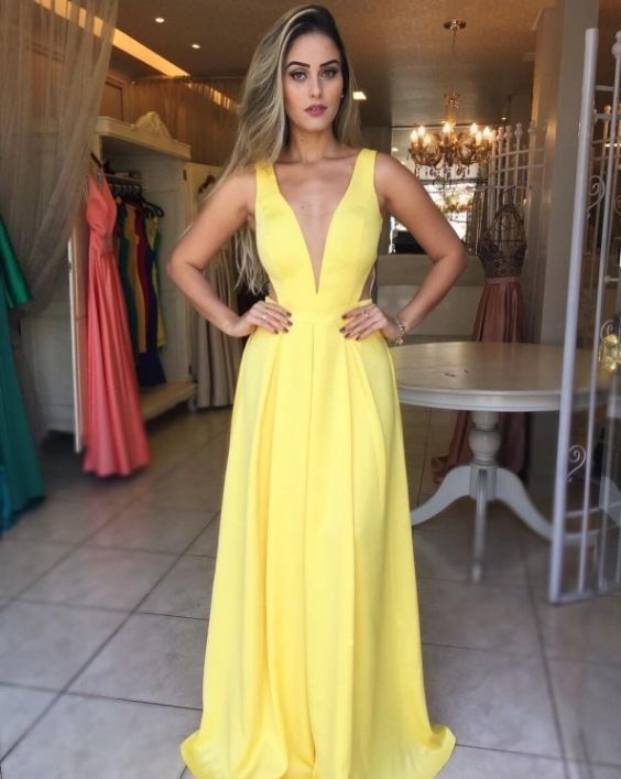 Plunging Neck Yellow Prom Dress cg7877