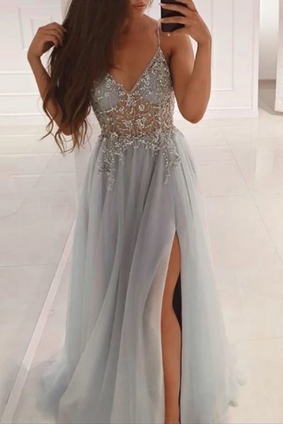 V neck Straps Grey Side Slit A Line Beaded Prom Dresses, Long Evening Dress cg7896