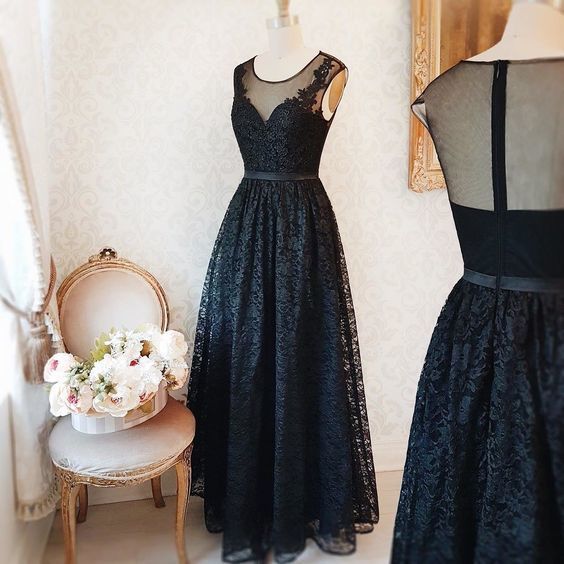 Cheap prom dresses black, lace, a-line, long, O-neck, formal dress, evening dress, prom dress. cg7918