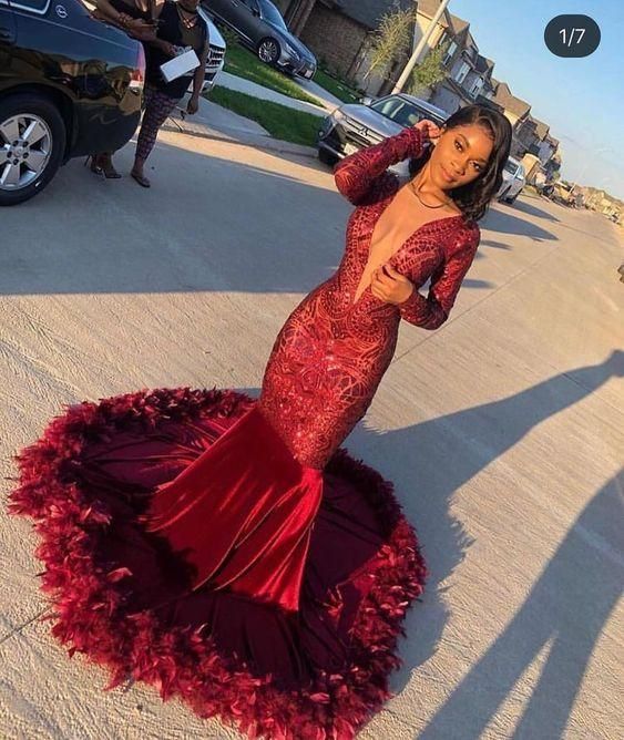 red prom dresses 2020 sparkly feather mermaid long sleeve deep v neck evening dresses formal dresses cg7941