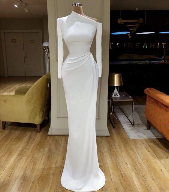 White evening dresses long sleeve modest simple mermaid elegant cheap formal prom dresses cg7948