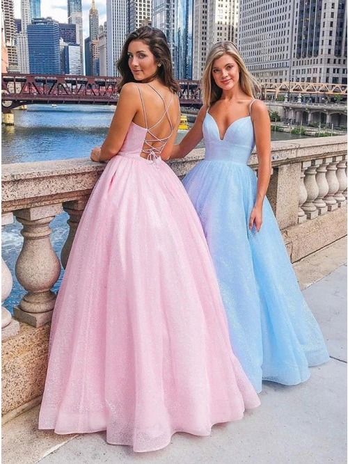 A-Line V-neck Spaghetti Straps Pink Tulle Long Prom Dress cg7962