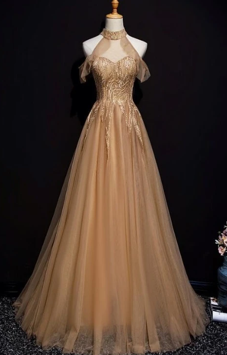 Champagne Tulle Halter Long Party prom Dress, A-Line Formal Gown cg8015