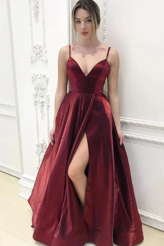 A Line V Neck Burgundy Long Prom Dresses with Leg Slit,Wine Red Long Formal Evening Graduation Dress cg8021