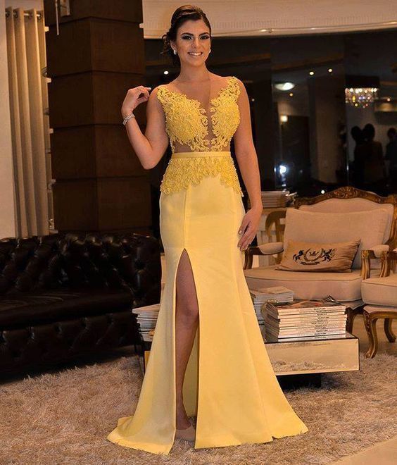 Appliques Yellow Mermaid Long Evening Dress with Slit, Formal Prom Dresses cg8037
