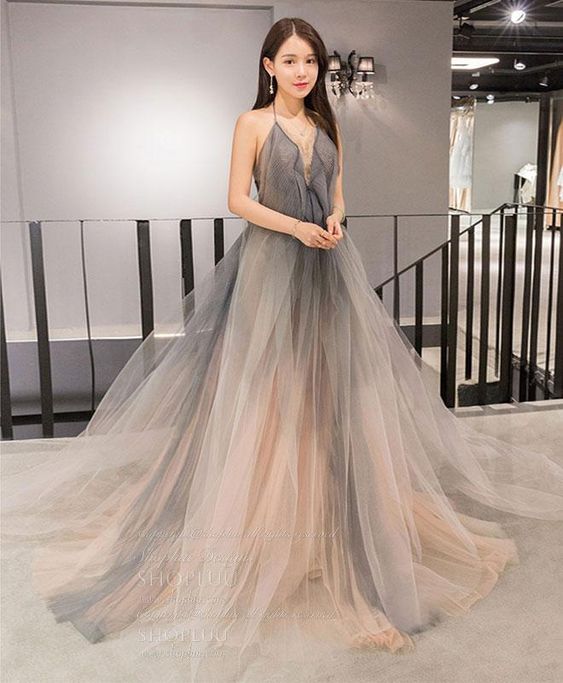 Gray v neck tulle long prom dress, gray tulle evening dress cg8041