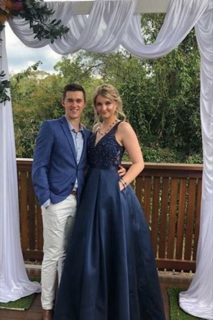 Navy Satin Beads A-line Prom Dress cg8057