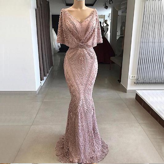 CLASSY PINK V-NECK MERMAID EVENING PROM DRESSES cg8065