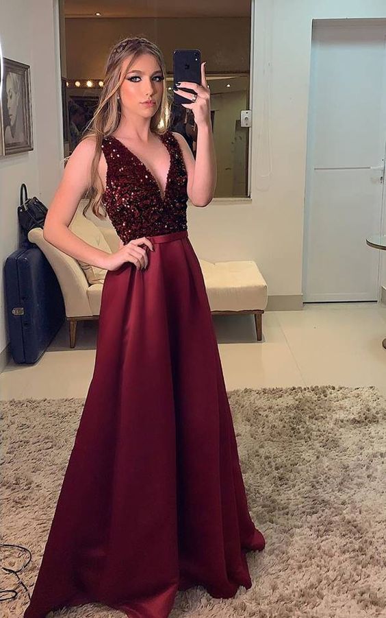 CLASSY burgundy V-NECK EVENING PROM DRESSES cg8069