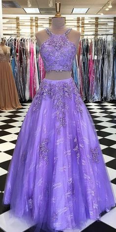 Charming Customize Two Pieces Strapless Lavender Lace Long Prom Dresses cg8073