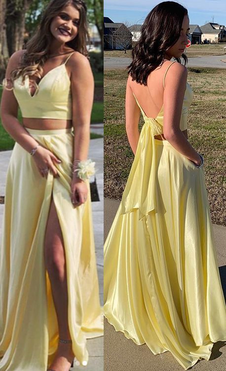 Yellow Two Pieces Spaghetti Straps Open Back Prom Dress with Slit cg8084