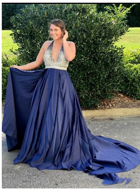 2020 Glamorous A-Line/Princess Halter V Neck Beaded Dark-Navy Taffeta Prom Dresses With Train,prom dress cg8085