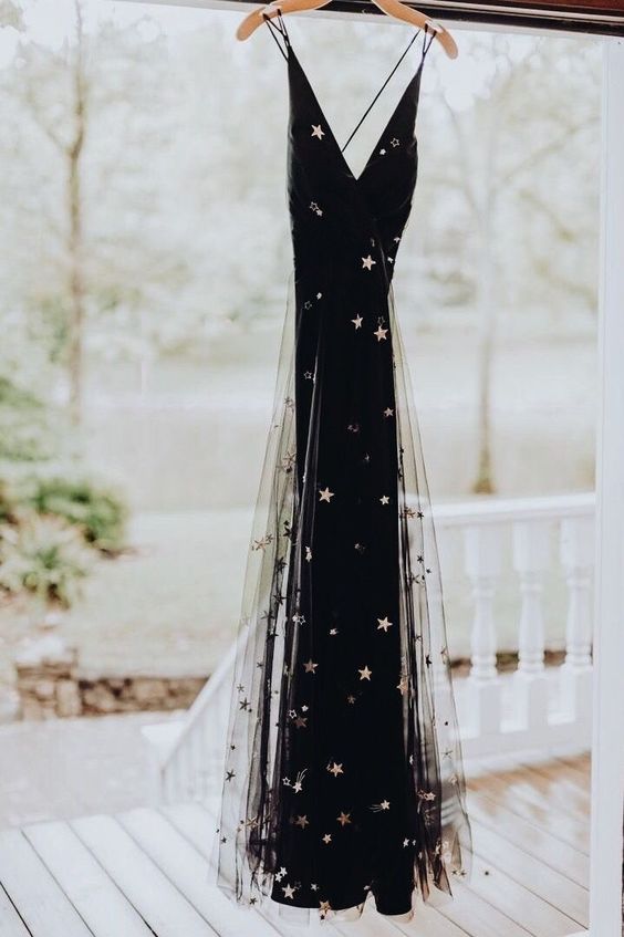 A line v neck black prom dress with stars cg8087