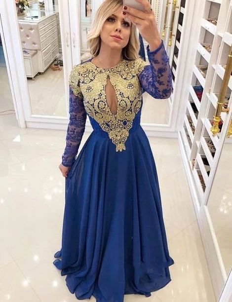 Royal Blue Long Sleeves Prom Dress Gold Appliques Chiffon Dresses cg8088