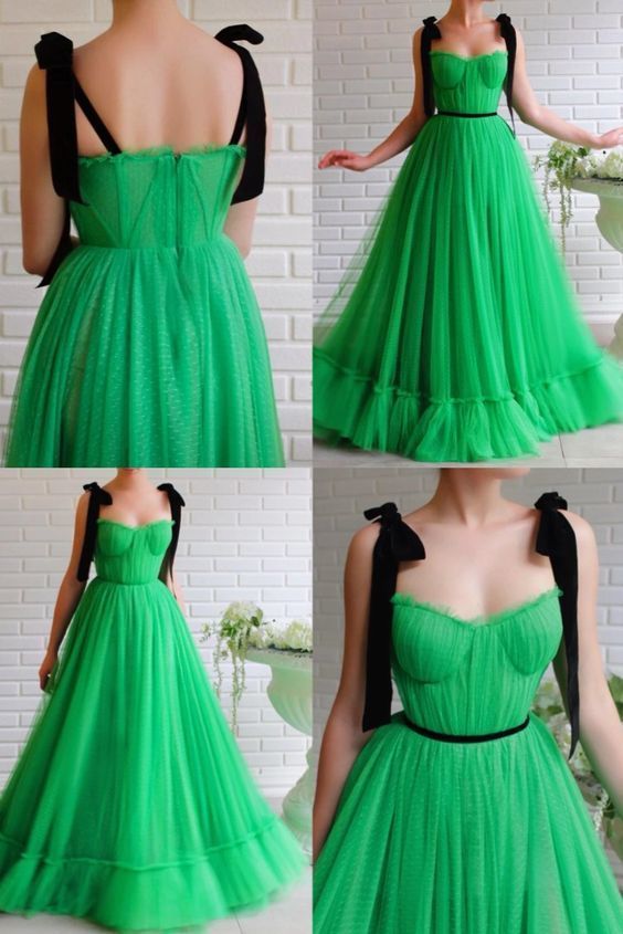 A-line Black Straps Sage Long Charming Prom Dresses Tulle Evening Dress cg8089