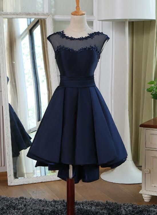 Navy Blue Satin High Low Homecoming Dresses cg8103