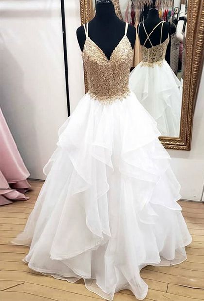 White Long Prom Dresses Spaghetti Straps Appliques Evening Party Dresses cg8109
