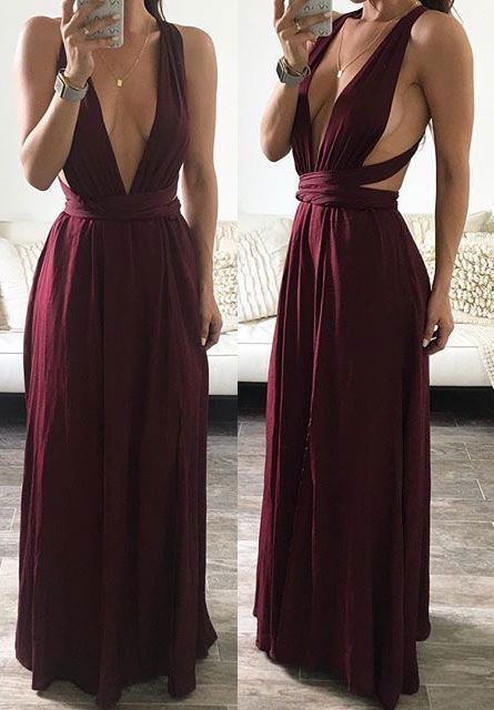 Sexy Floor Length Burgundy Convertible Prom Dresses with Slit Side cg8116