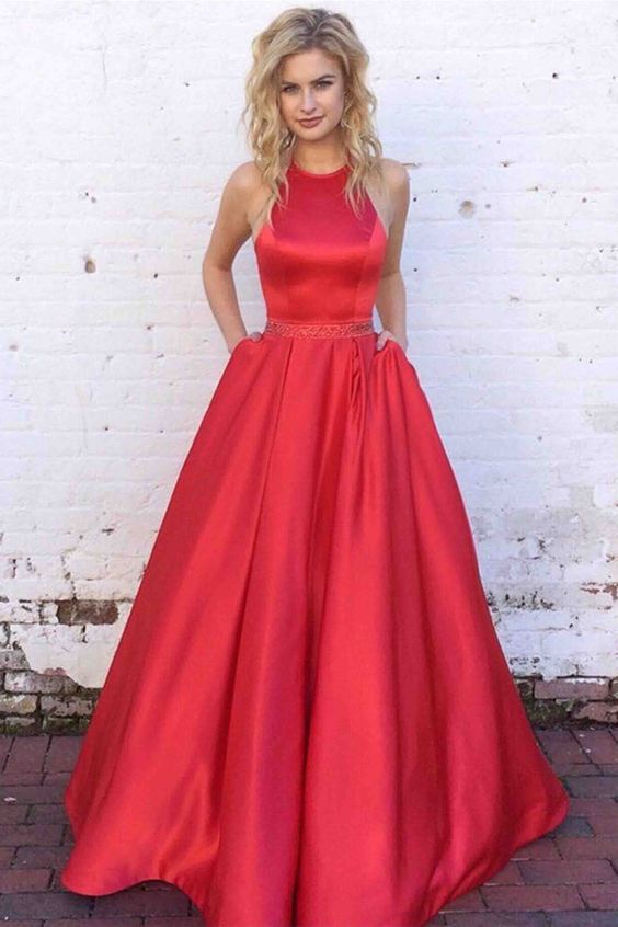 Red satin round neck A-line long prom dress,simple dress from Sweetheart Dress cg8117