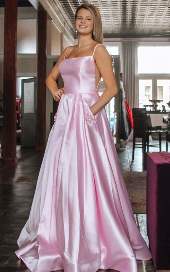 simple pink long prom dresses, formal a line prom dresses, chic prom gowns with pockets cg8123