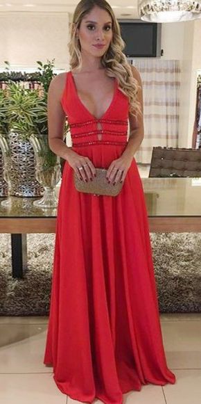 A-Line Deep V-Neck Floor-Length Red Chiffon Backless Prom Dress with Beading cg8159