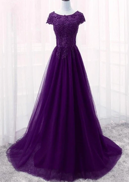 Cute Purple Tulle With Lace Applique Long Party Dress, New Prom Gown cg8164