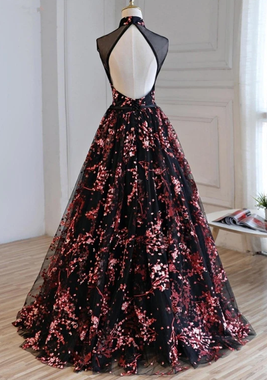 Gorgeous Black Tulle Long Formal Gown, Floral Evening Party prom Dress cg8165