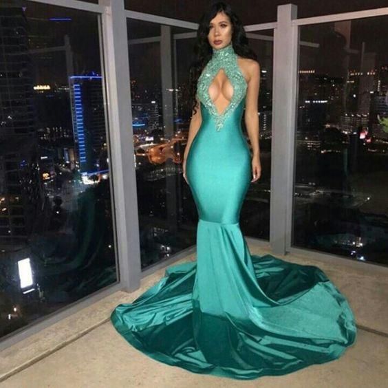 Plus Size Prom Dresses, Sexy Elastic Satin Mermaid Jade High Neck Key Hole Long Prom Dresses cg8179