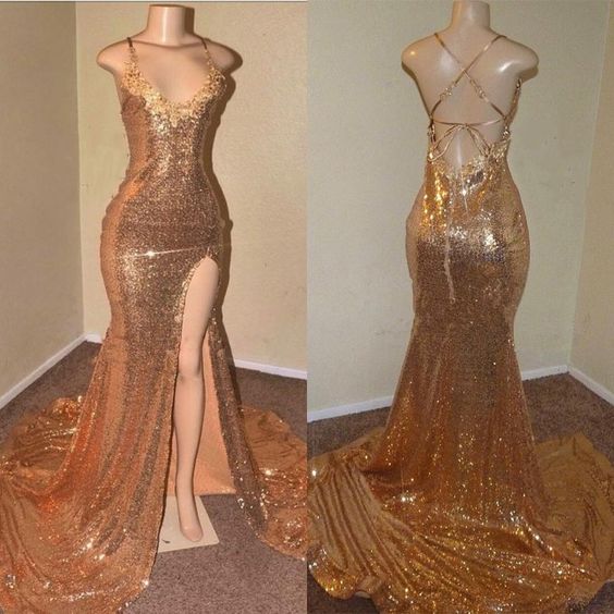 Sexy Gold Sequin Spaghetti-Straps Slit Prom Dresses cg8193