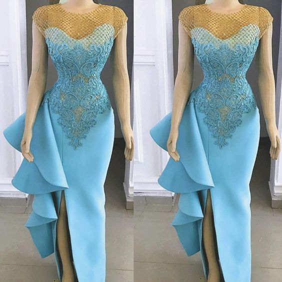 mermaid evening dresses long blue lace applique beads elegant evening gown robe de soiree,prom dress cg8213
