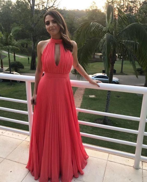 Simple Pink Halter Chiffon Prom Dress,2020 Evening Gowns,Floor Length Pink Party Dresses cg8220