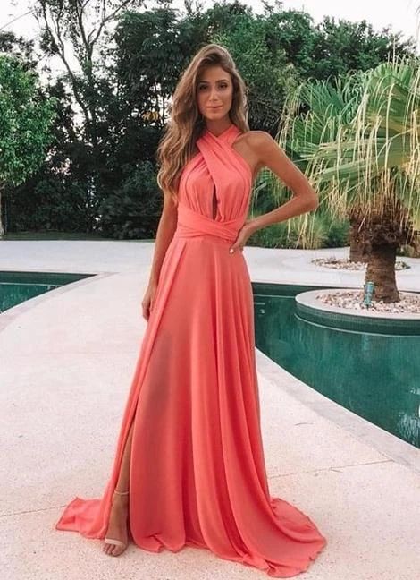 Halter Chiffon Long Prom Dress Coral Dress cg8221