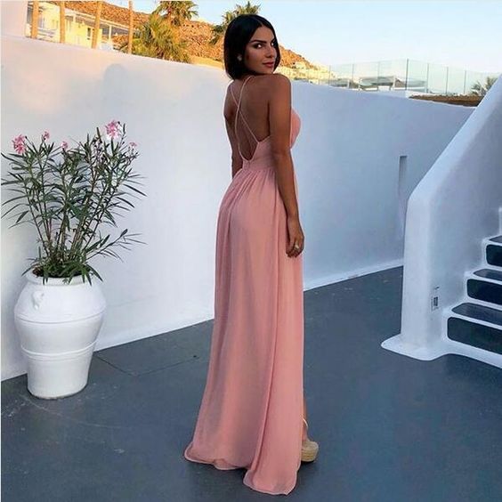 A-Line Deep V-Neck Backless Floor-Length Pink Chiffon Prom Dress with Split cg8225