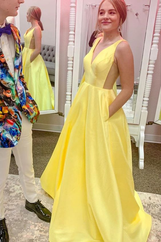 v neck yellow satin long prom dress with pockets cg8235
