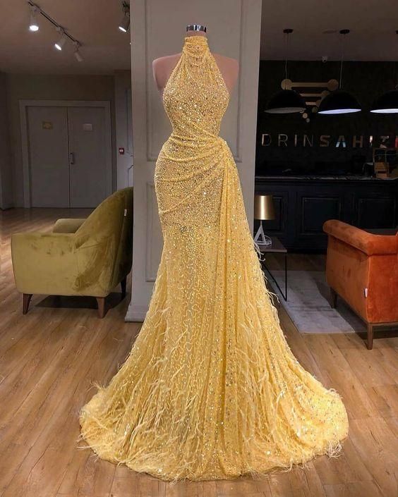 yellow evening dresses long high neck sparkly feather luxury bling evening gown formal prom dress cg8245