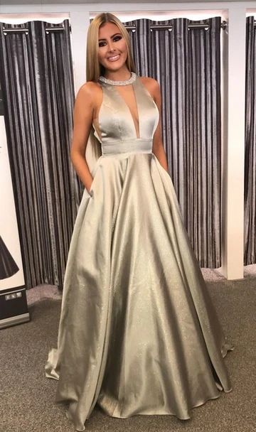 Silver Prom Dress,Halter Neckline Formal Dress,Fashion Pageant Dress cg8251