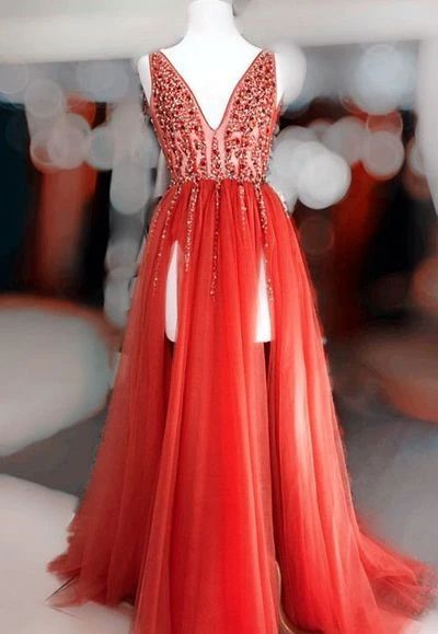 Sexy Slit Prom Dress,Orange Red Evening Dress cg8257